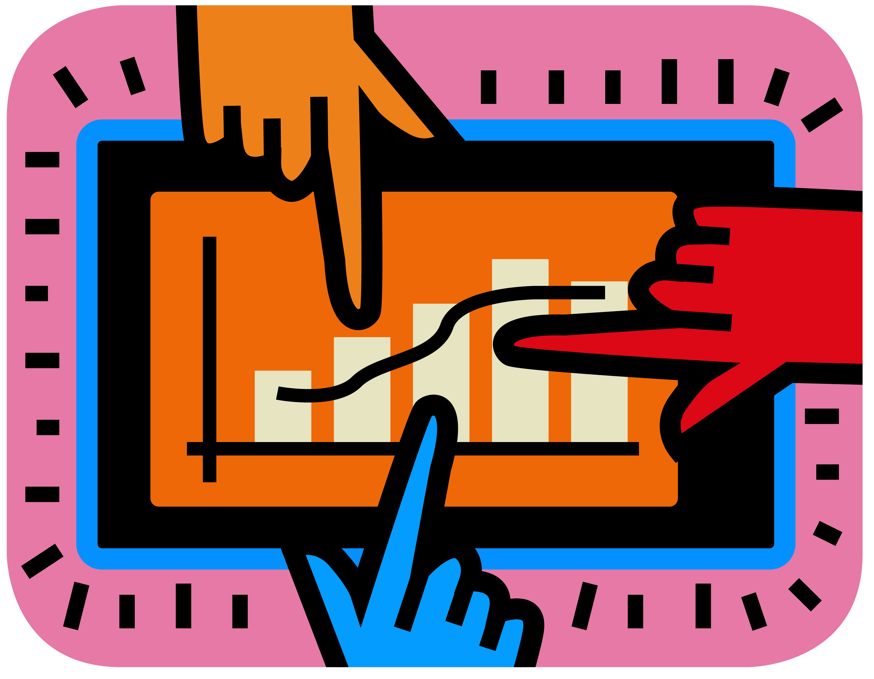colorful drawing of 3 hands pointing at a histogram